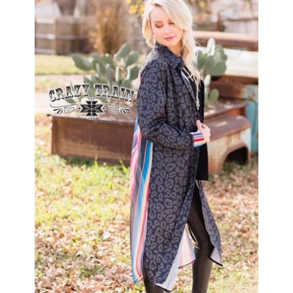 Crazy Train Maxi Button Down Aztec Blouse Leopard - Picture 7 of 10